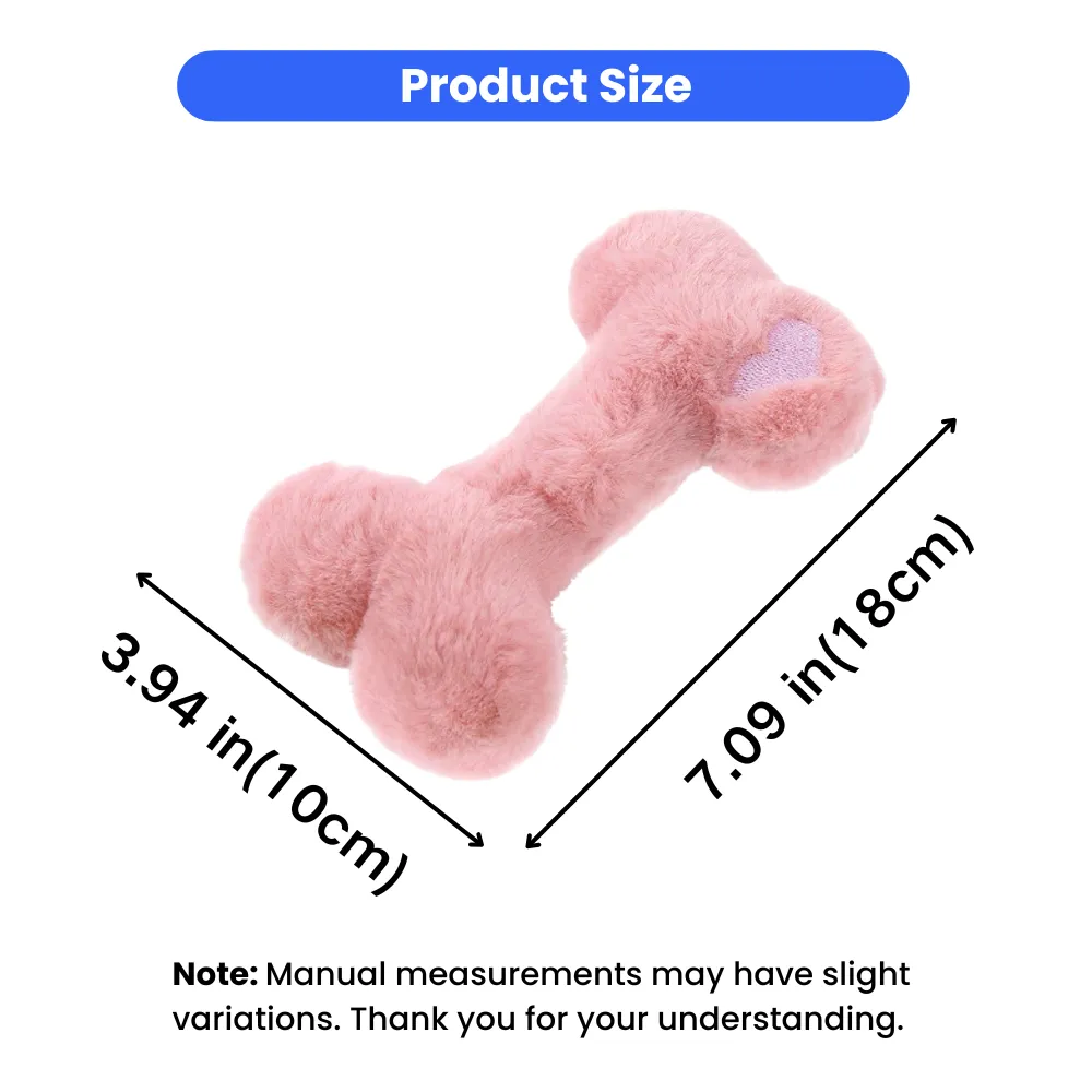 Plush bone dog toy size chart showing 7.09 in length and 3.94 in width for small dogs