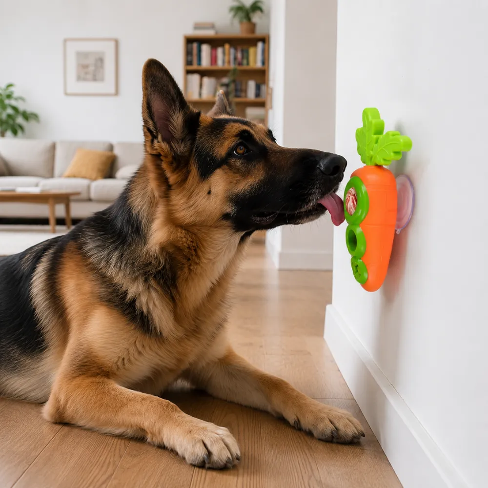 German Shepherd licking carrot-shaped TPR frozen treat toy attached to an indoor wall with suction cup