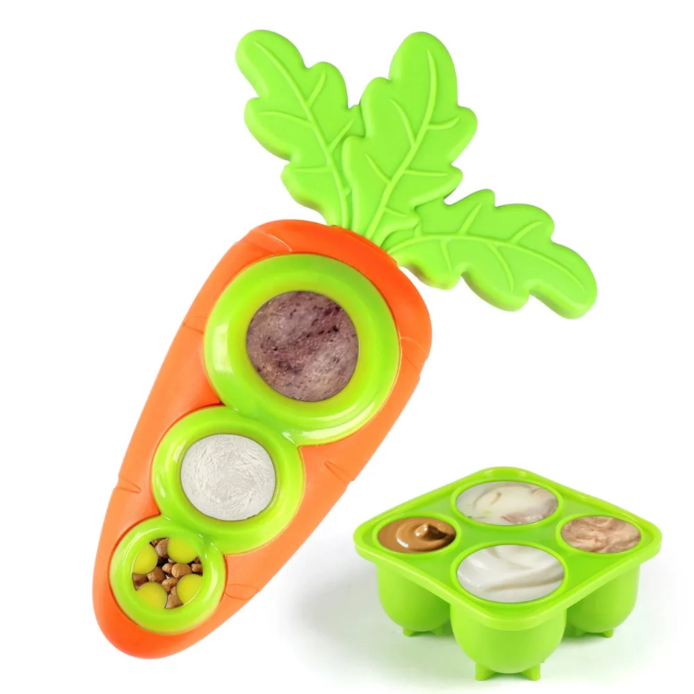 Carrot-shaped orange and green TPR dog frozen treat toy with matching freezeable treat tray on white background