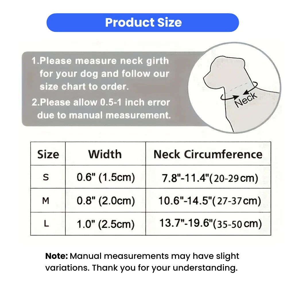 Adjustable dog collar size chart with neck circumference and width for S M L dogs