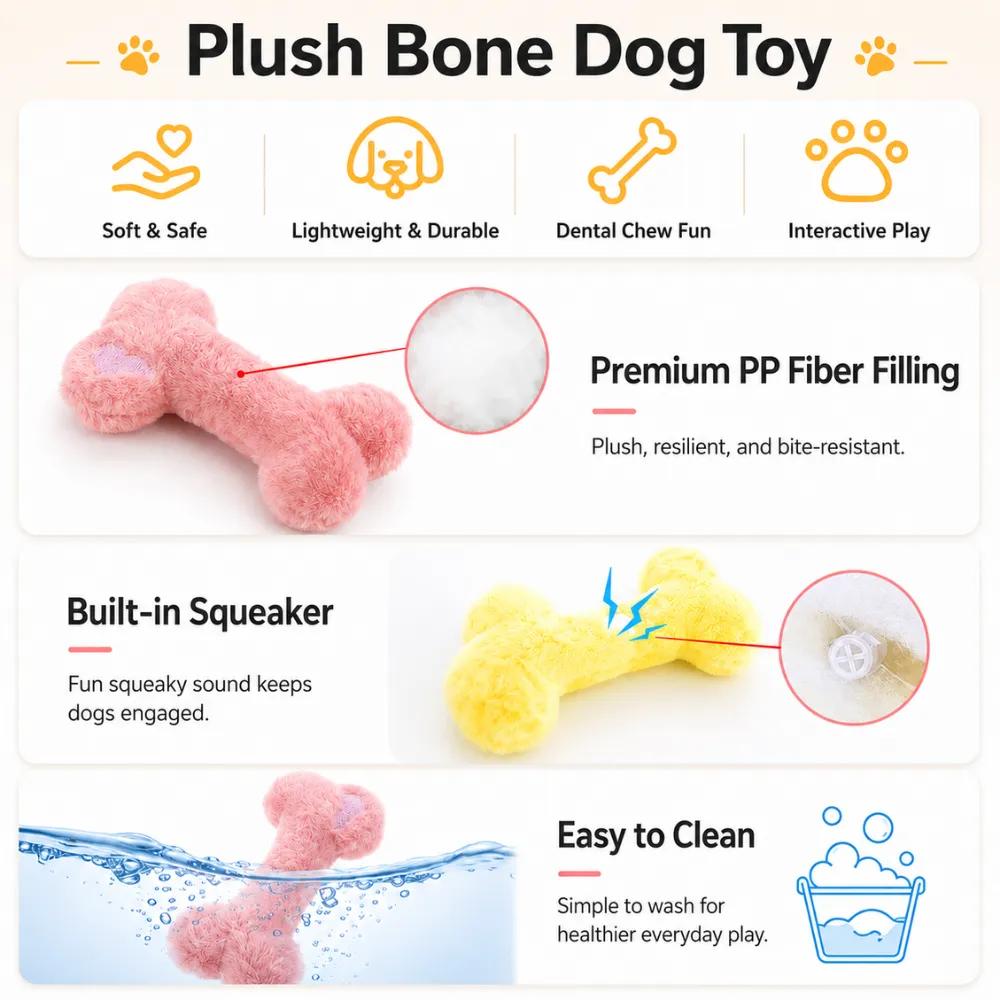 Plush bone dog toy with PP fiber filling, built-in squeaker, soft plush surface and easy-clean design