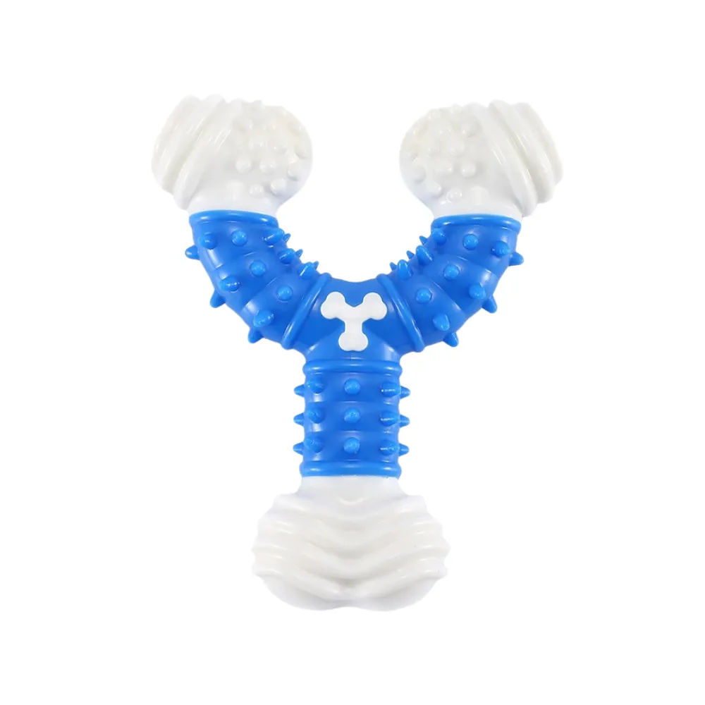 Blue Y Shape Nylon Rubber Dog Chew Toy Durable Teeth Cleaning Blue Y shaped nylon rubber dog chew toy with textured surface for teeth cleaning and aggressive chewers
