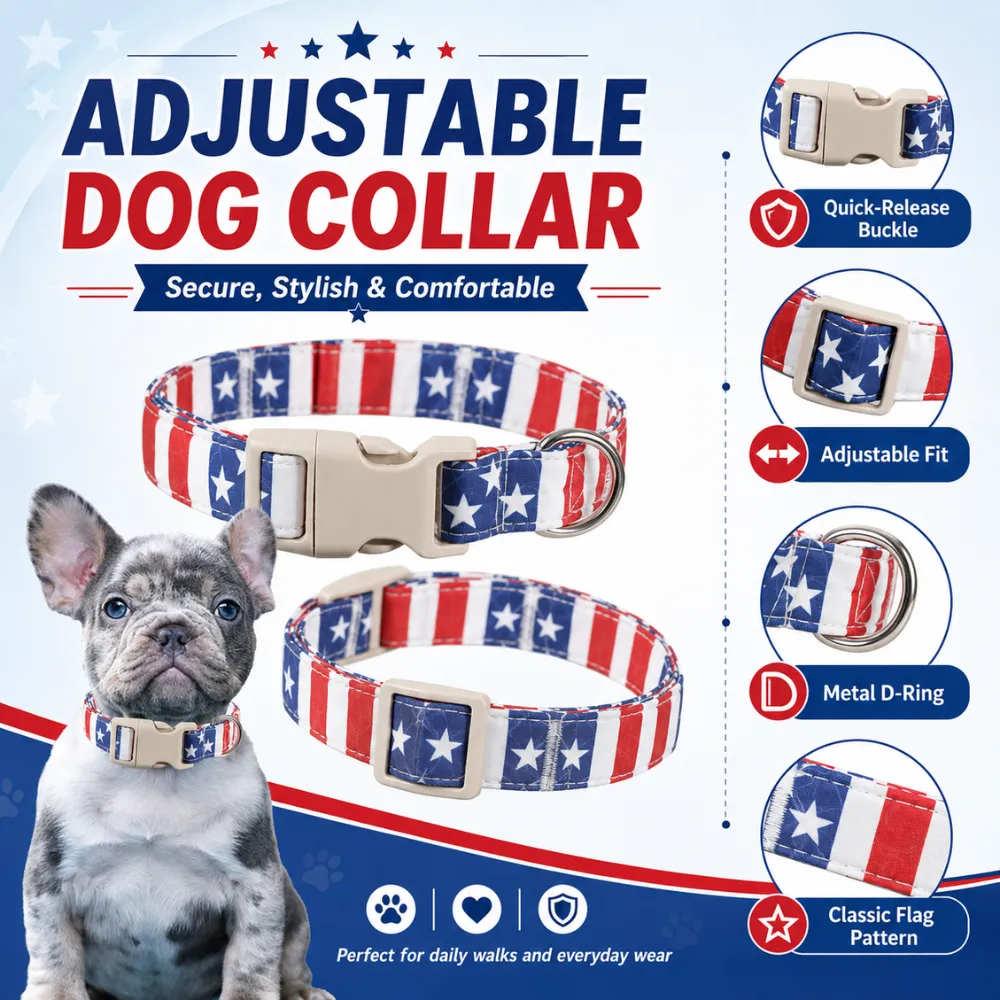 Adjustable American flag dog collar with quick release buckle, metal D-ring, and comfortable fit