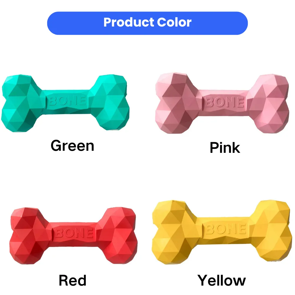 Dog treat dispensing bone toy color options in green, pink, red, and yellow