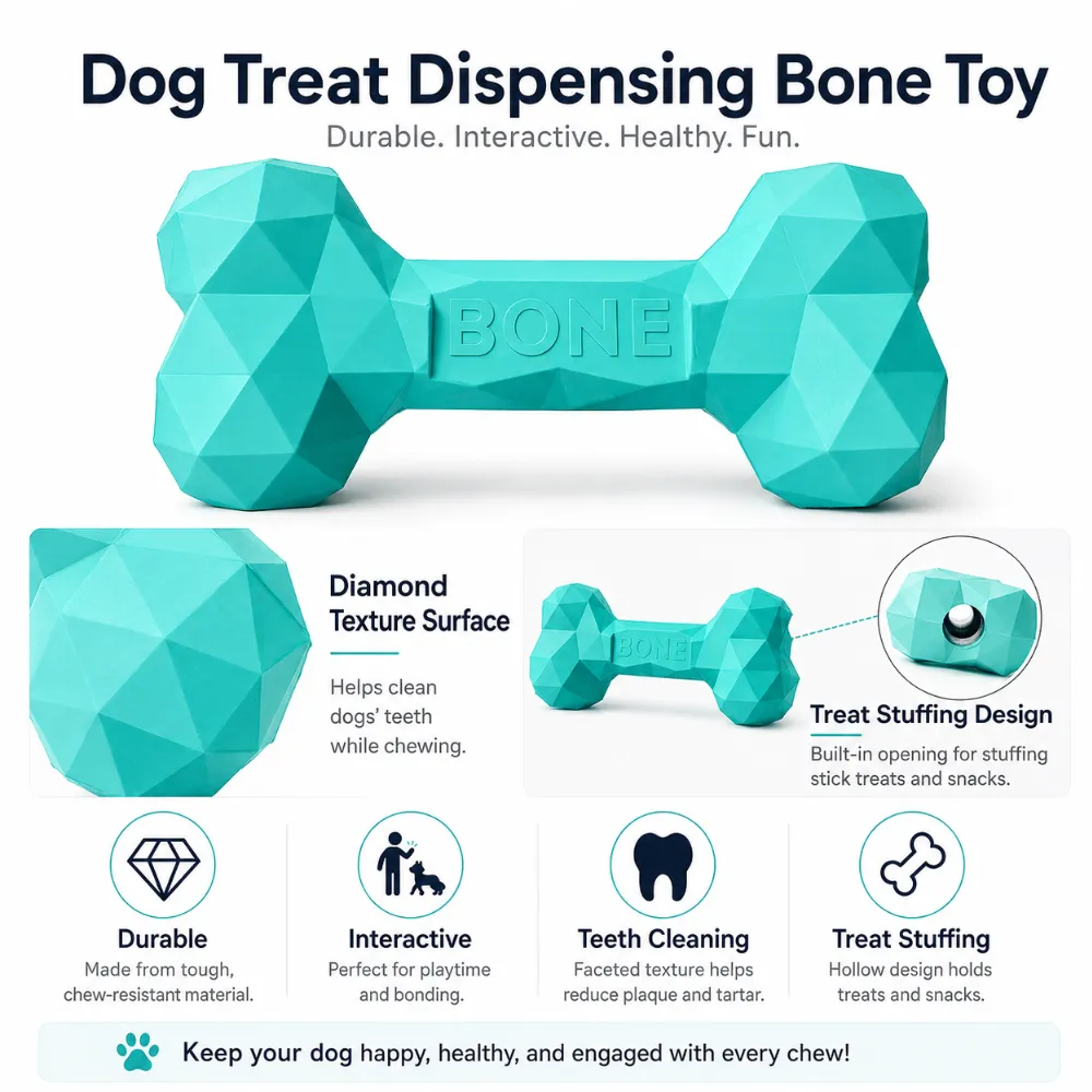 Durable dog treat dispensing bone toy with diamond texture, teeth cleaning surface, and treat stuffing design