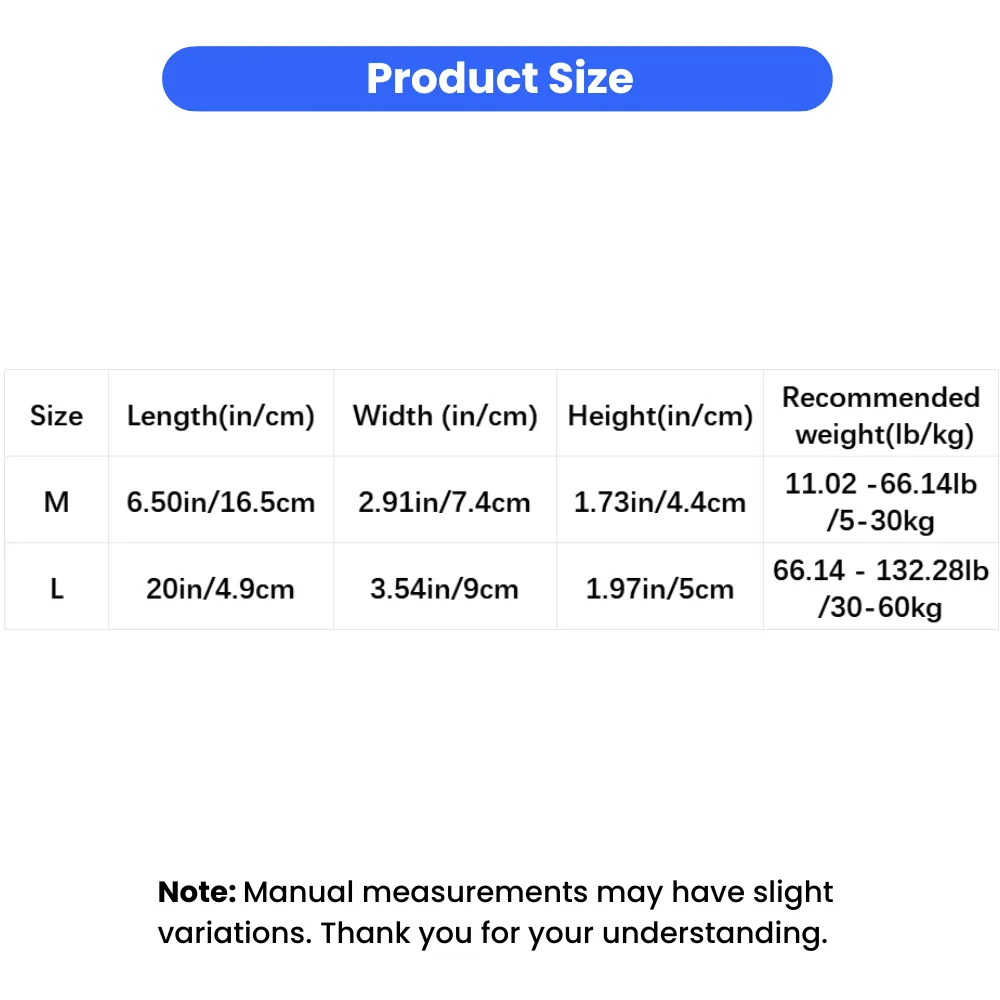 Dog treat dispensing bone toy size chart with M and L options for medium and large dogs