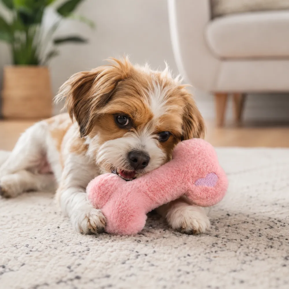 Small dog chewing pink plush bone squeaky toy indoors on a soft carpet