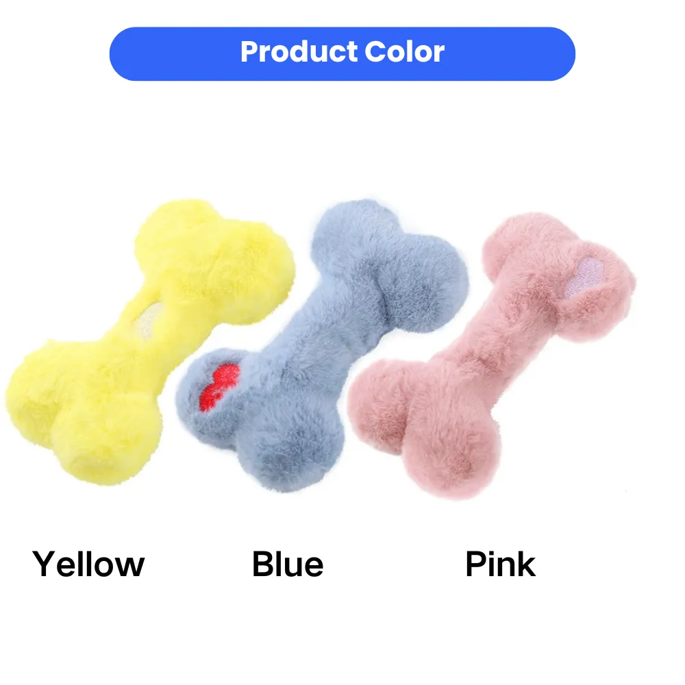 Plush bone dog toy color options in yellow blue and pink for wholesale pet supplies