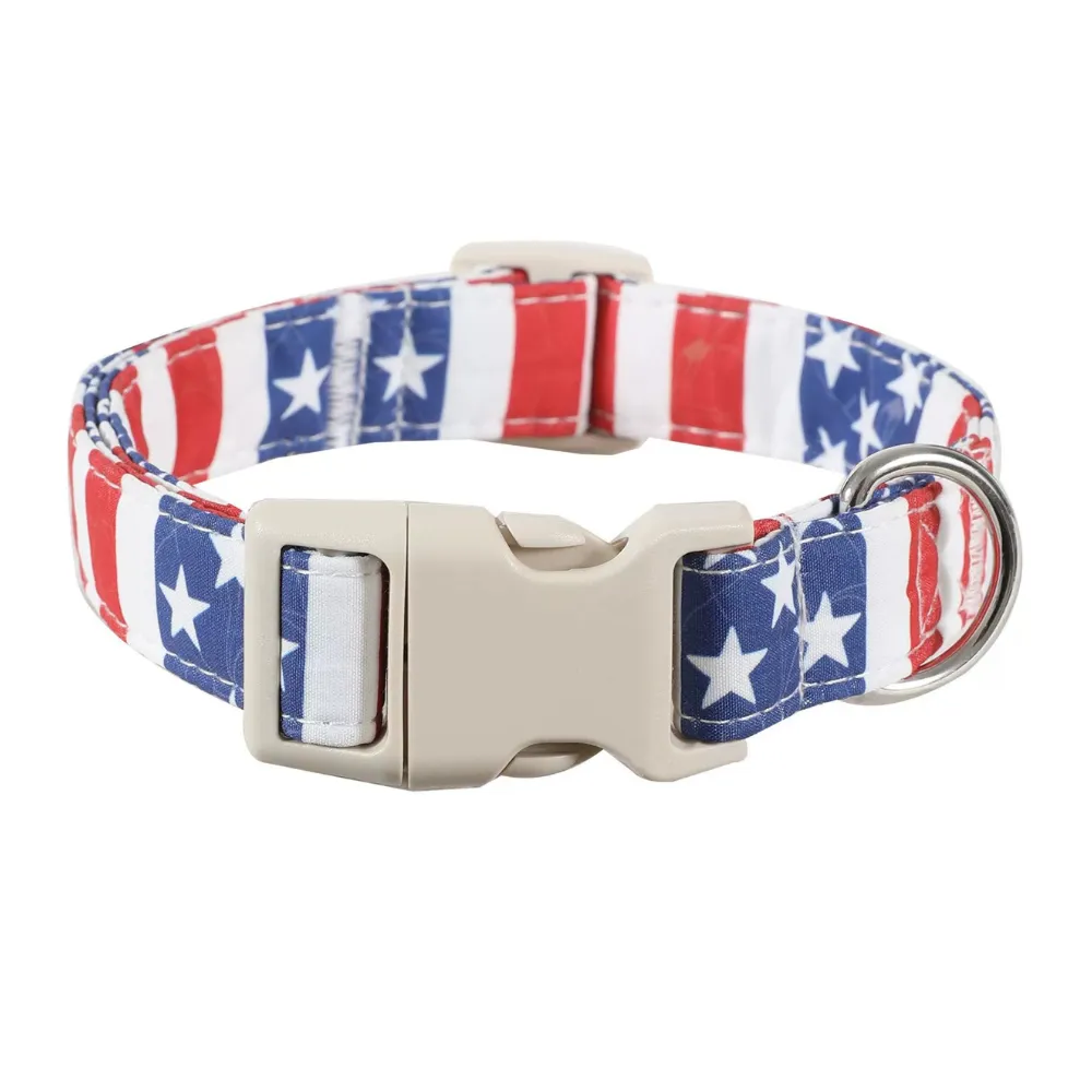 American flag adjustable dog collar with beige buckle and silver D-ring on white background