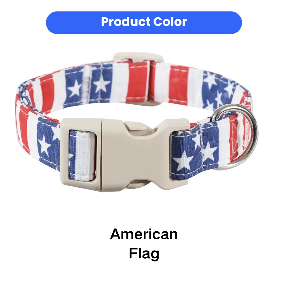 American flag adjustable dog collar with quick release buckle and metal D-ring