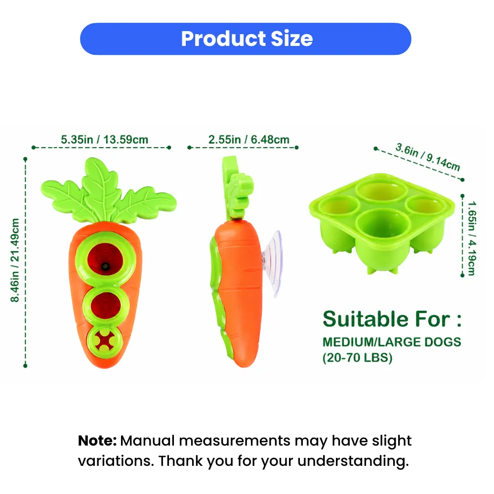 Size chart of carrot-shaped TPR dog frozen treat toy with suction cup and treat tray for medium and large dogs