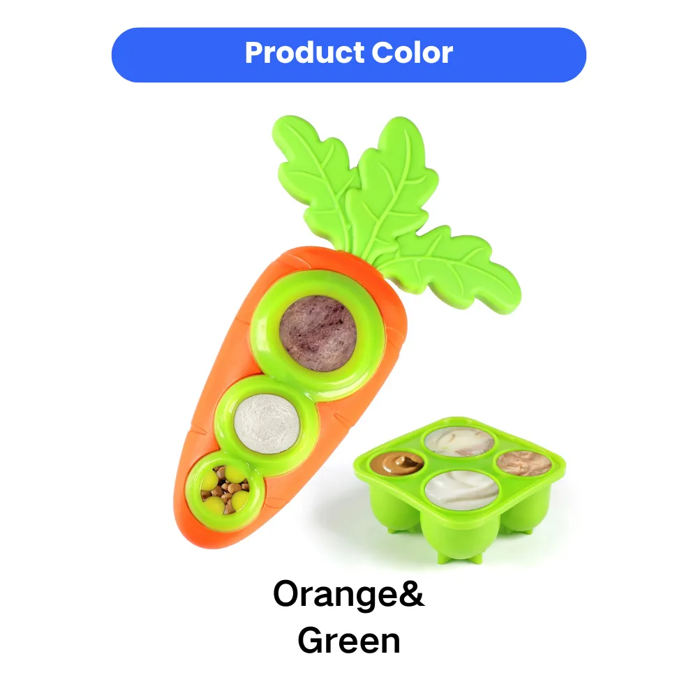 Orange and green TPR dog frozen treat toy with carrot shape, slow feeder holes, and freezeable treat tray