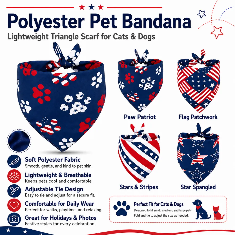 Polyester pet bandana for cats and dogs with soft fabric, breathable design, adjustable tie, and patriotic holiday patterns