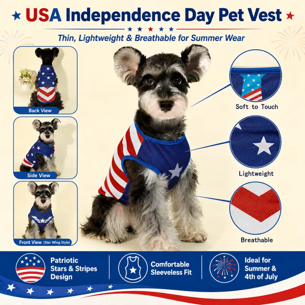 Small dog wearing USA Independence Day pet vest with breathable fabric, sleeveless fit and patriotic stars and stripes design