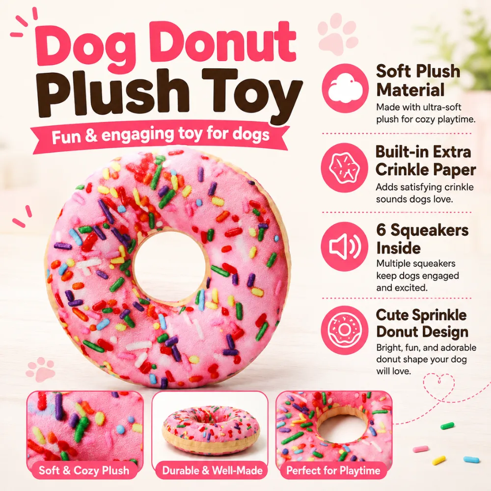 Dog donut plush toy with soft plush material, crinkle paper and 6 squeakers