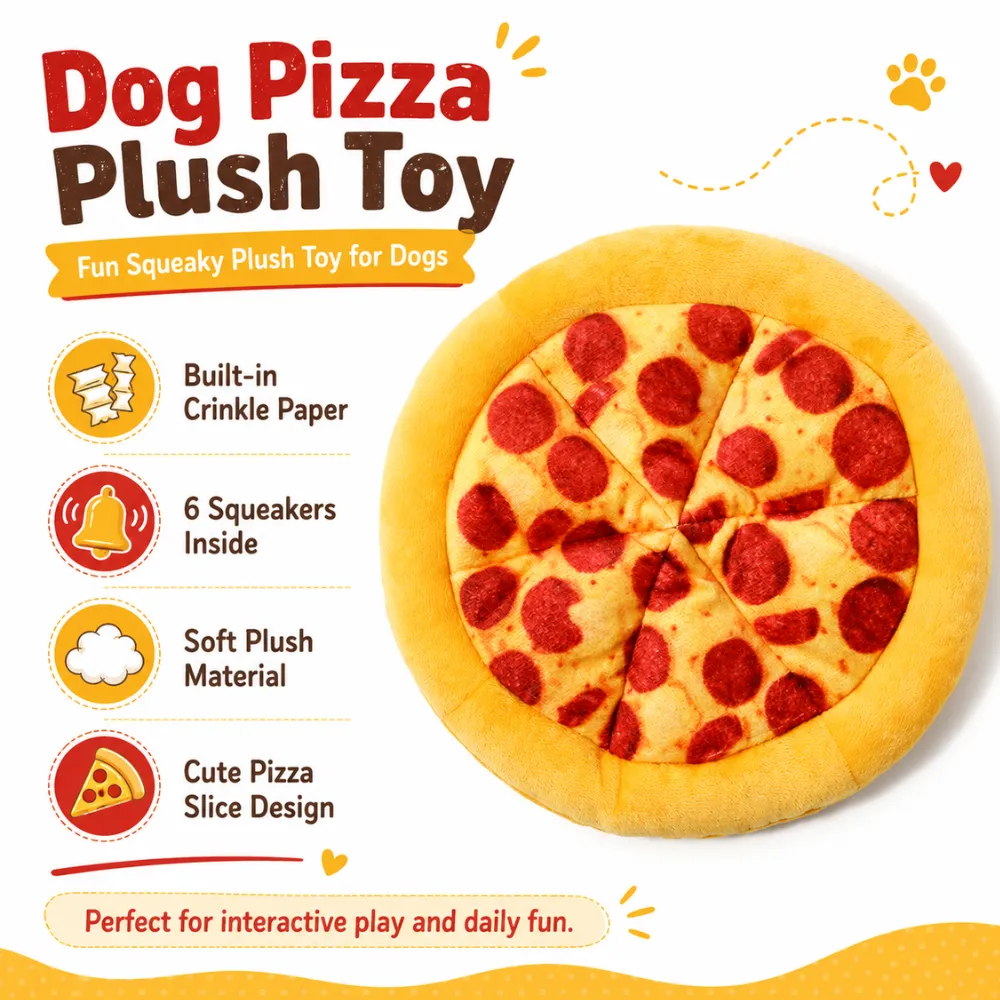 Yellow dog pizza plush toy with crinkle paper, 6 squeakers, and soft plush material