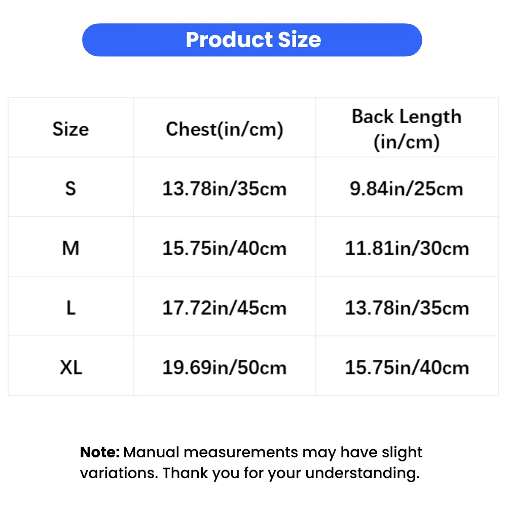 Size chart for fleece-lined bee dog hoodie showing chest and back length in inches and centimeters