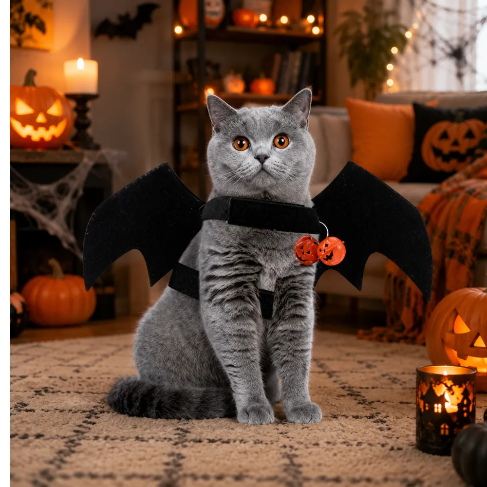 Gray cat wearing black Halloween bat wings costume in festive indoor Halloween scene