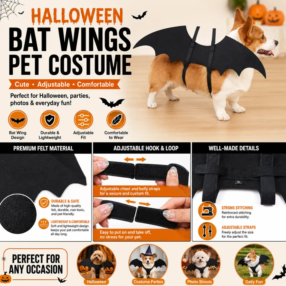 Halloween bat wings pet costume with felt material adjustable straps and lightweight design