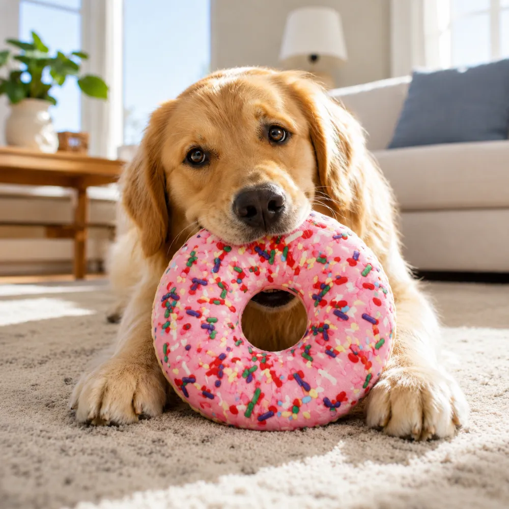 Golden retriever playing with pink donut plush dog toy indoors