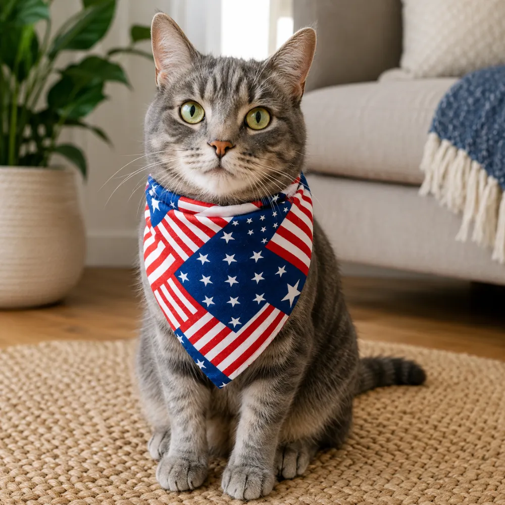 Gray cat wearing a red white and blue patriotic polyester pet bandana indoors