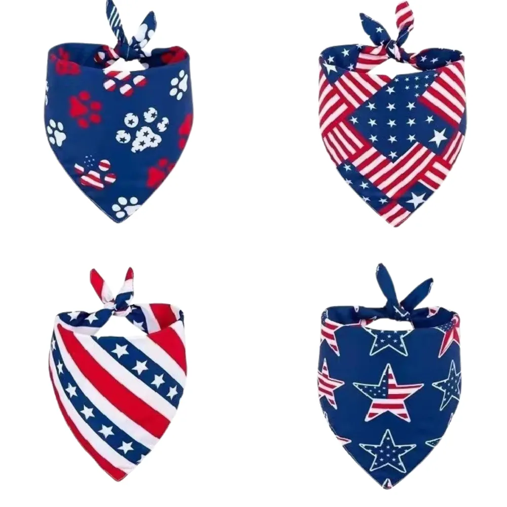 Four polyester patriotic pet bandanas in paw print, flag patchwork, stars and stripes, and star spangled designs