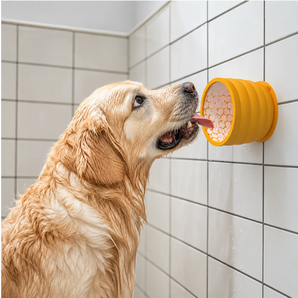 Golden retriever licking silicone honeycomb slow feeder cup attached to bathroom tile wall