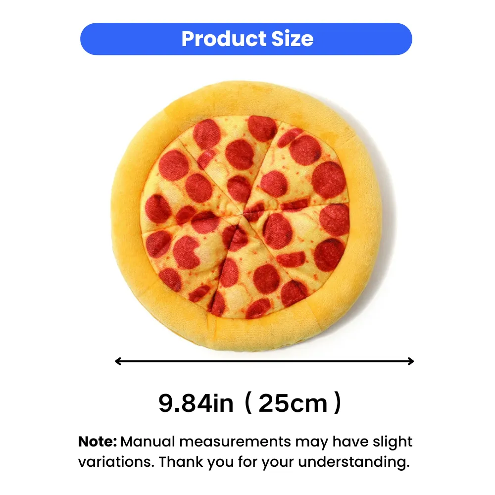 9.84 inch yellow dog pizza plush toy with size measurement for interactive dog play