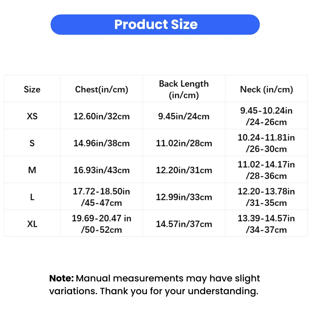 USA Independence Day pet vest size chart with chest, back length and neck measurements for XS to XL dogs