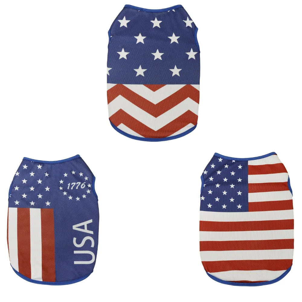 Three USA Independence Day dog vest styles with stars, stripes and patriotic American flag patterns