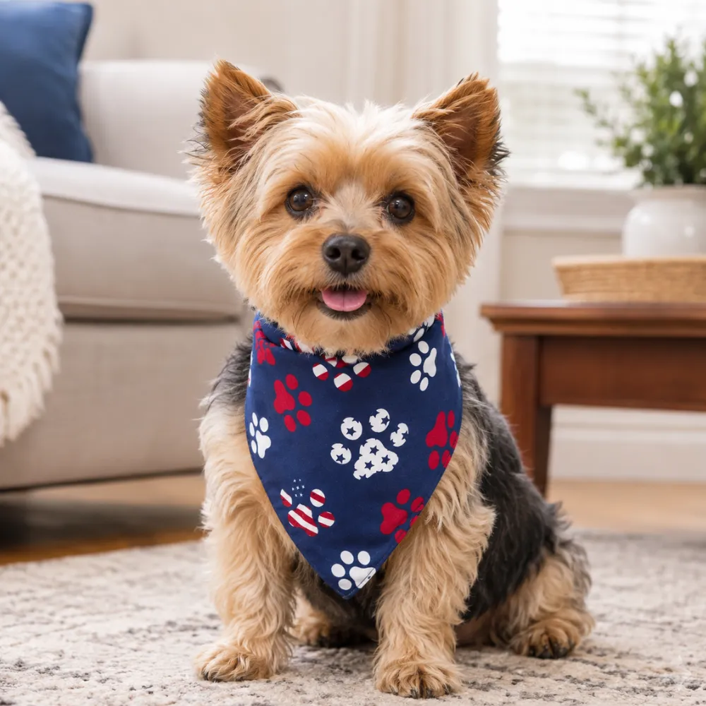 Small dog wearing a blue Paw Patriot polyester pet bandana with red and white paw print pattern indoors