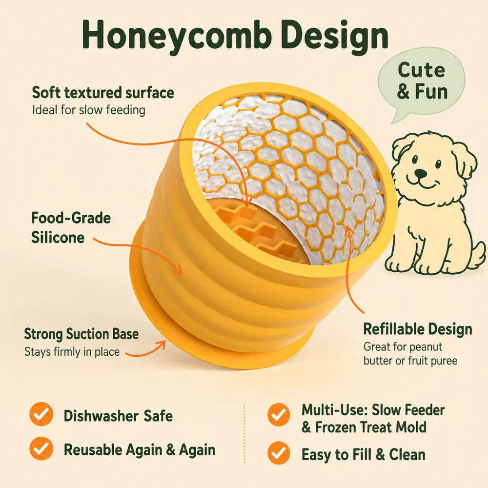Honeycomb silicone dog slow feeder cup with suction base, refillable design, and dishwasher safe features