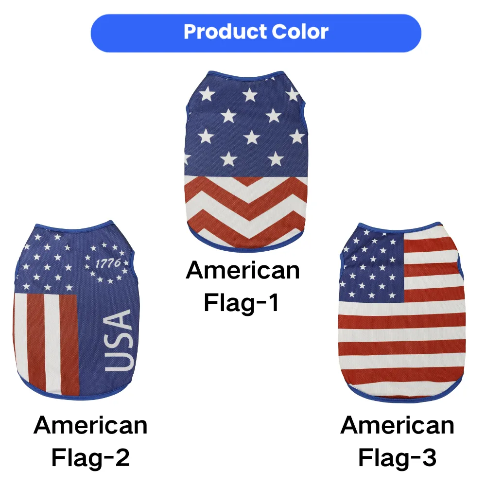 Product color options for USA Independence Day pet vest including American Flag 1, American Flag 2 and American Flag 3