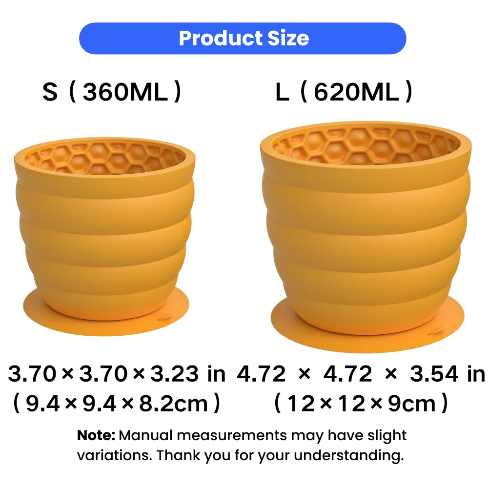 Dog honeycomb slow feeder cup in 360ml and 620ml sizes with inch and cm measurements