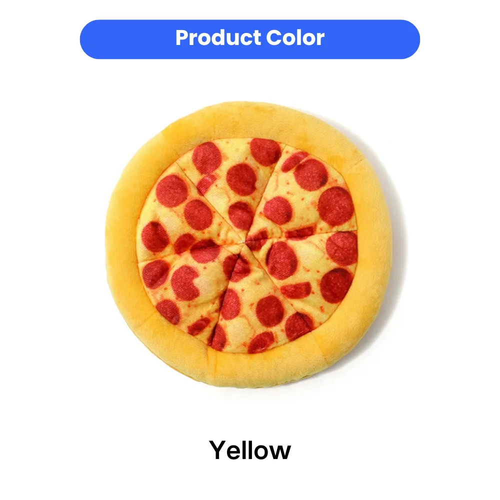 Yellow dog pizza plush toy color display with pizza slice design