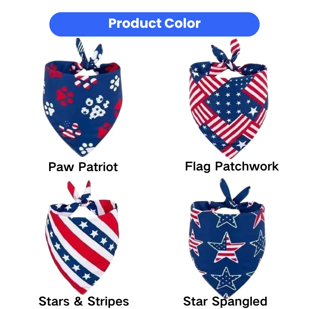 Four patriotic polyester pet bandana color options including Paw Patriot, Flag Patchwork, Stars & Stripes, and Star Spangled