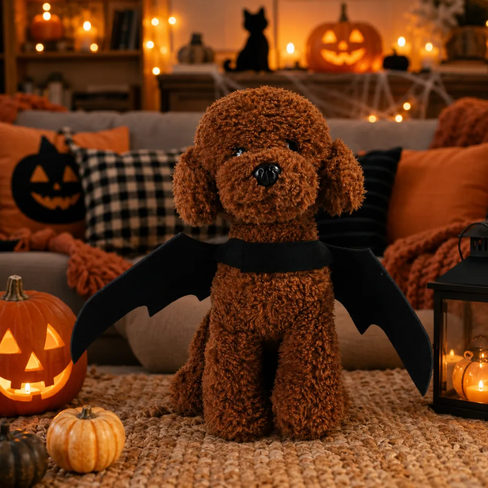 Small dog wearing black Halloween bat wings costume in cozy Halloween room decor