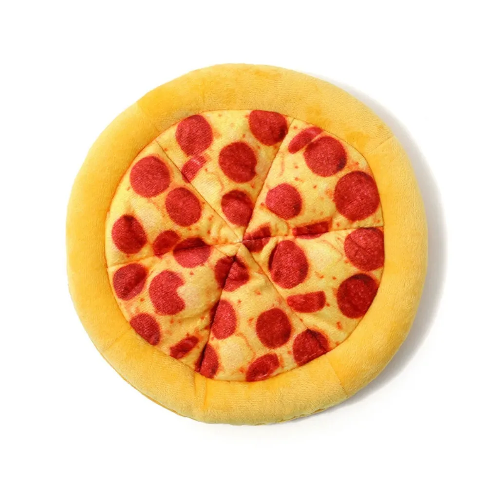 Yellow pizza-shaped plush dog toy with pepperoni design on white background
