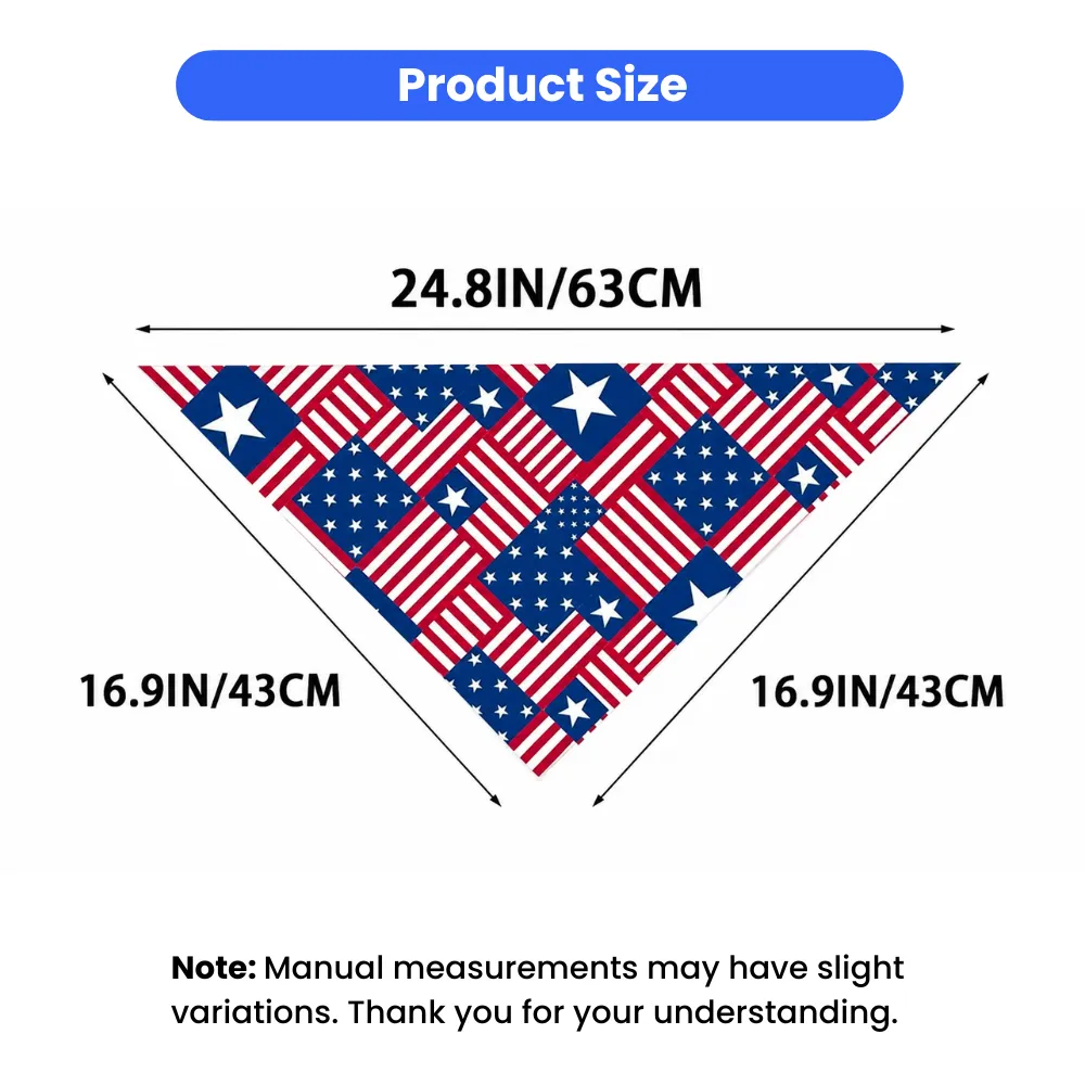 Triangle polyester pet bandana size guide showing 24.8 inch width and 16.9 inch sides for cats and dogs