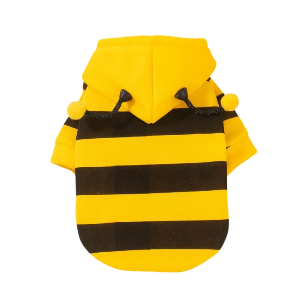 Yellow and black striped fleece-lined bee dog hoodie with hood and pom-pom antenna on white background