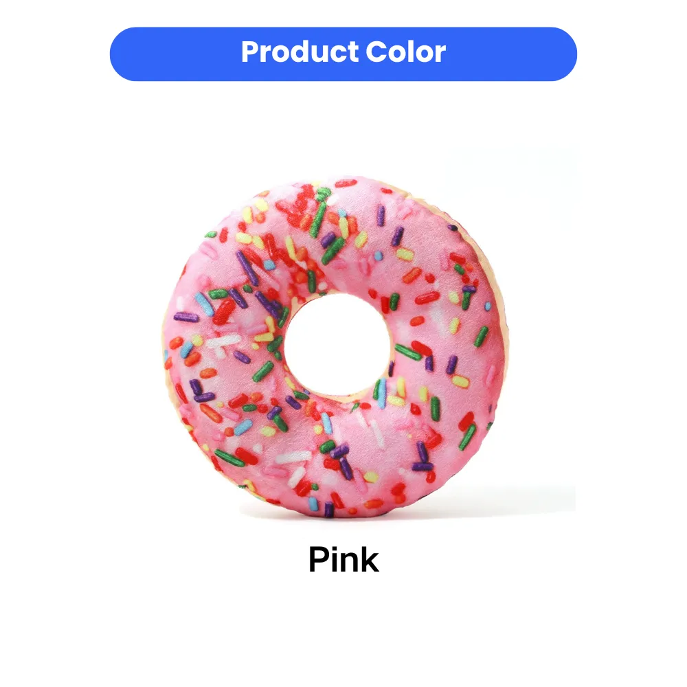 Pink dog donut plush toy color option with sprinkle design