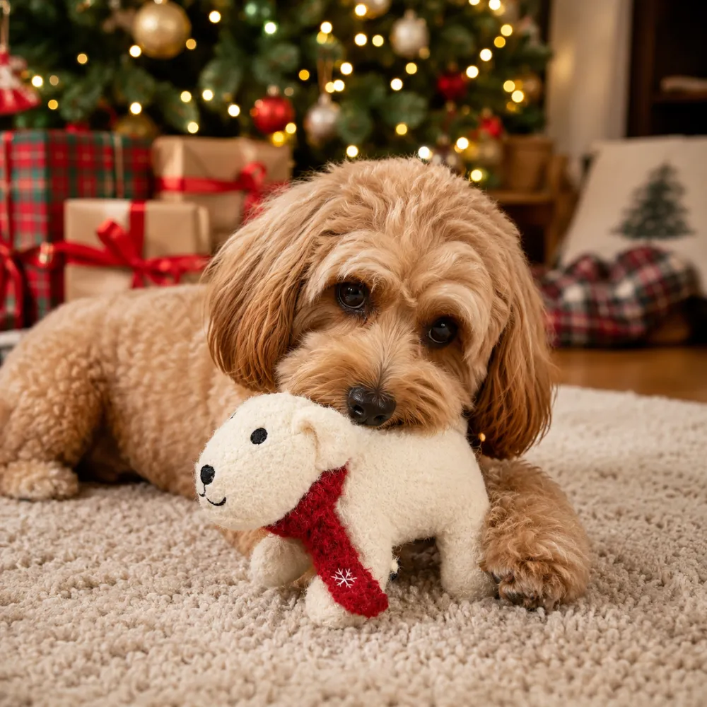 Small dog playing with a Christmas polar bear plush toy in a festive indoor holiday scene