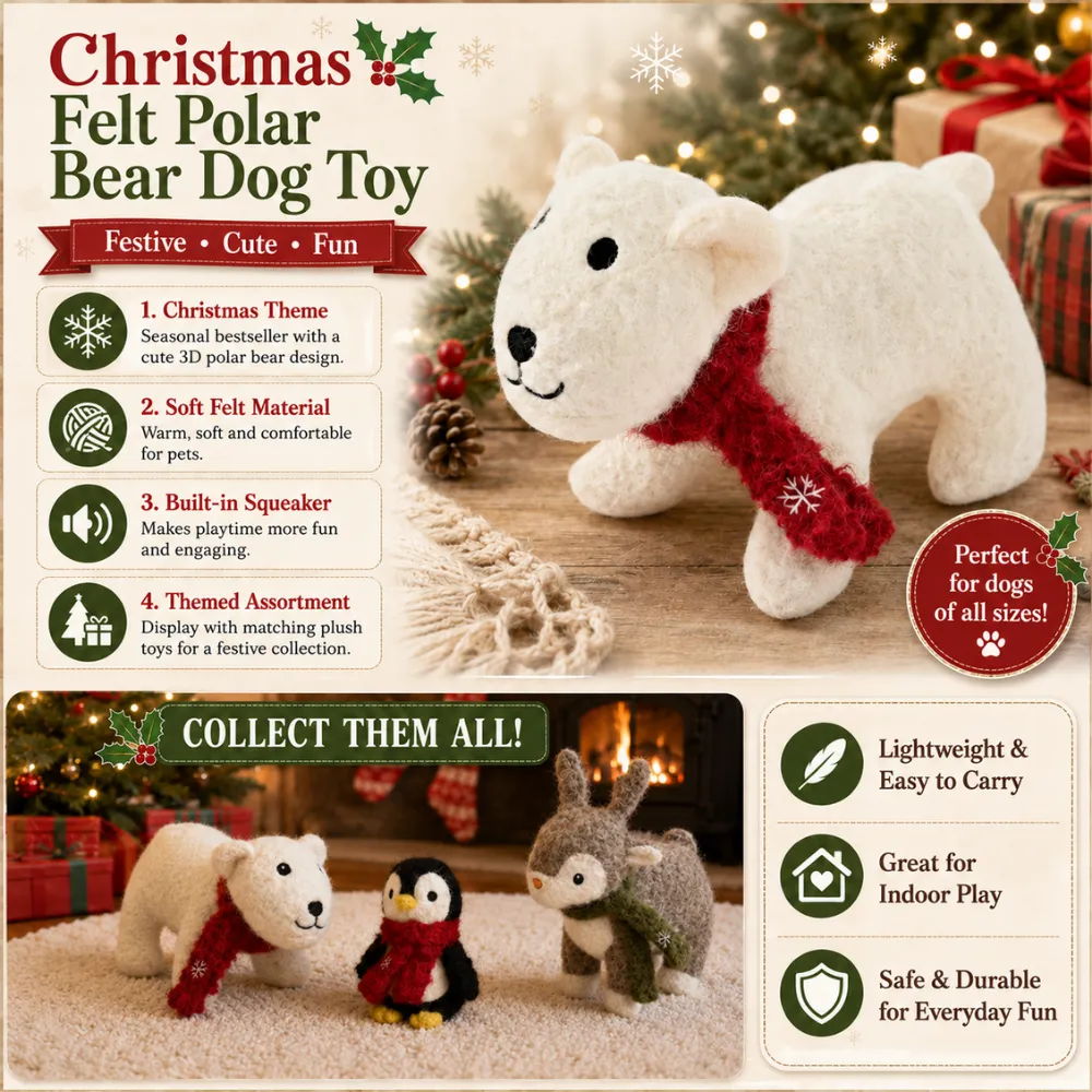 Christmas felt polar bear dog toy feature graphic with soft felt material, squeaker and holiday assortment