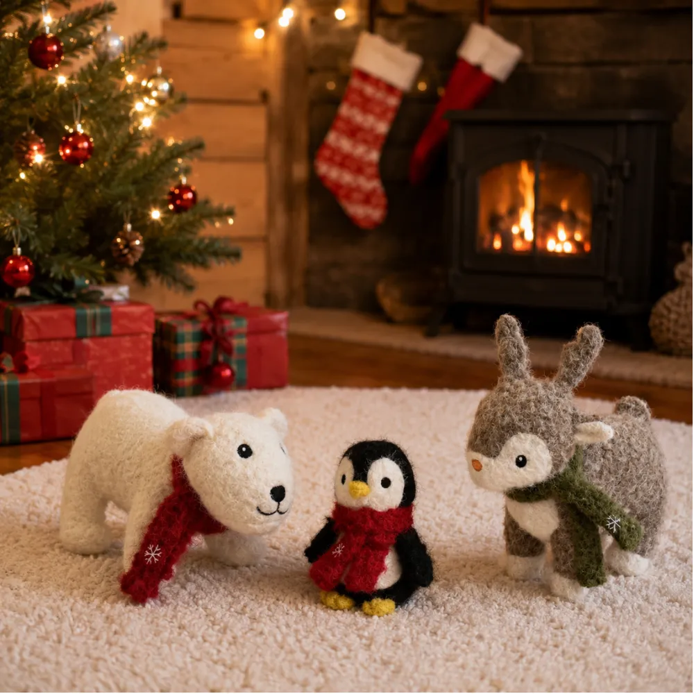 Christmas plush dog toy collection with polar bear, penguin and reindeer in holiday living room