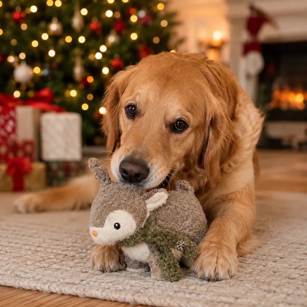 Golden retriever playing with Christmas felt reindeer dog toy in festive living room