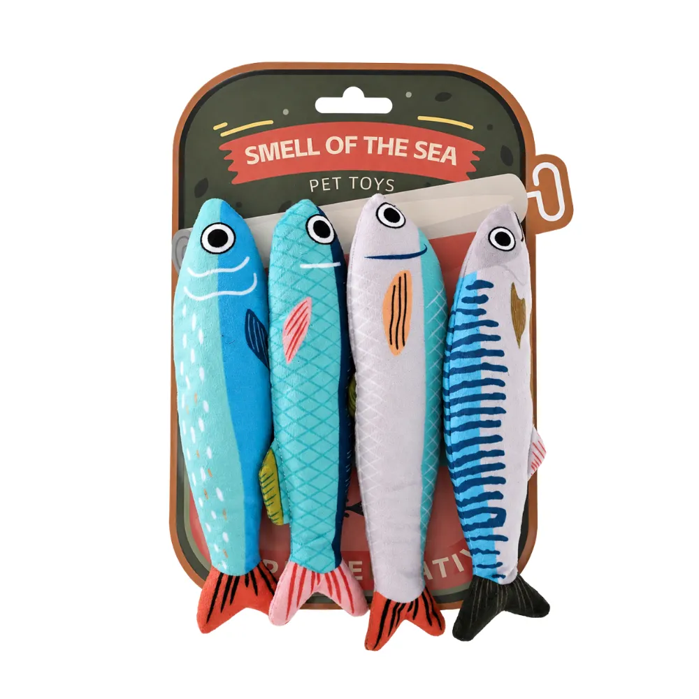 White background image of 4 pcs summer ocean plush fish cat toy set with retail packaging for wholesale pet stores.