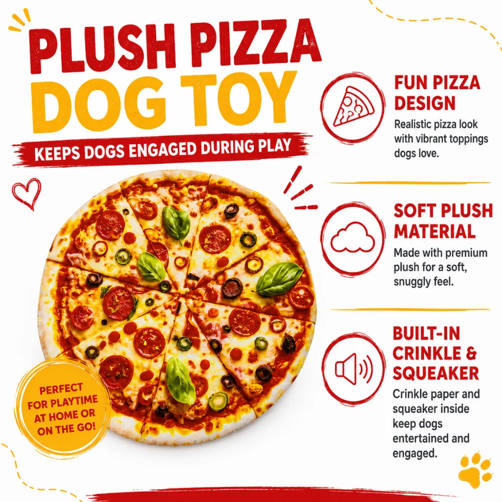 Plush pizza dog toy with soft material, crinkle paper and built-in squeaker