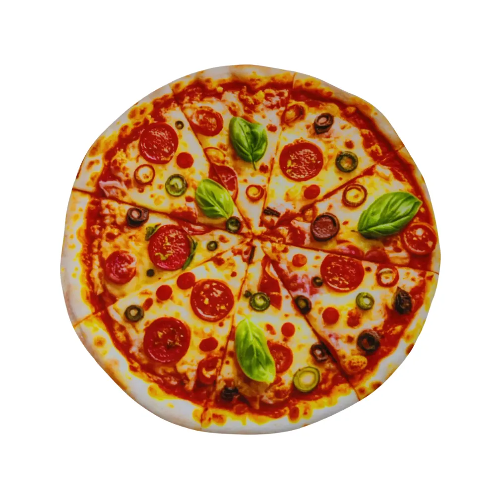 Pale yellow plush pizza dog toy with realistic pepperoni and basil design