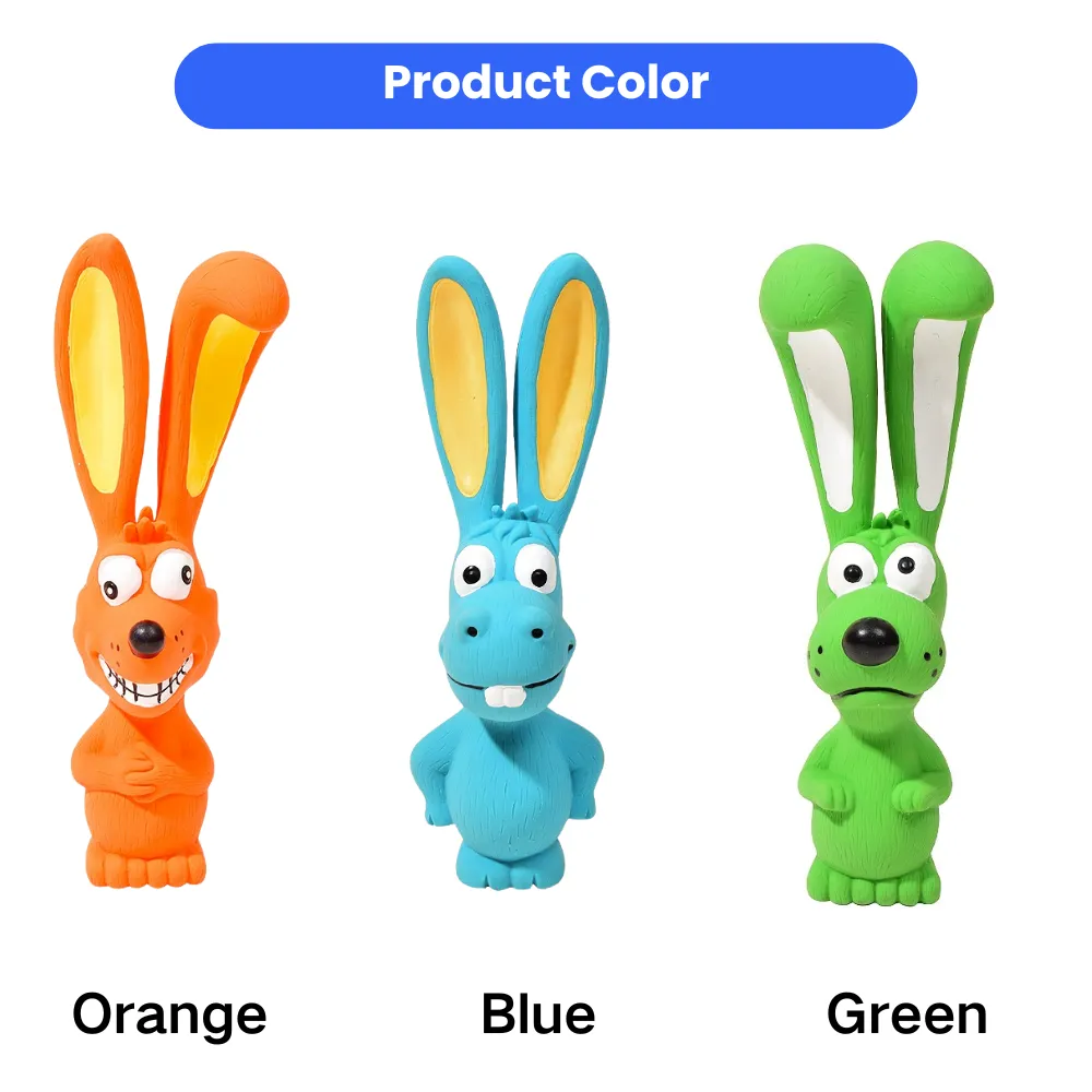 Product color chart showing orange, blue and green latex long-ear dog toys