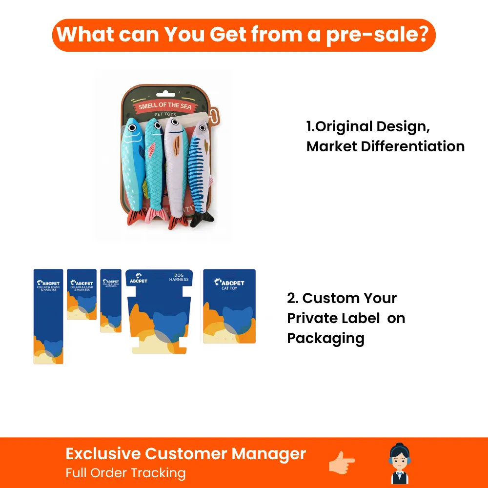 Pre-sale support for plush fish cat toy orders, including original design, private label packaging, and order tracking.